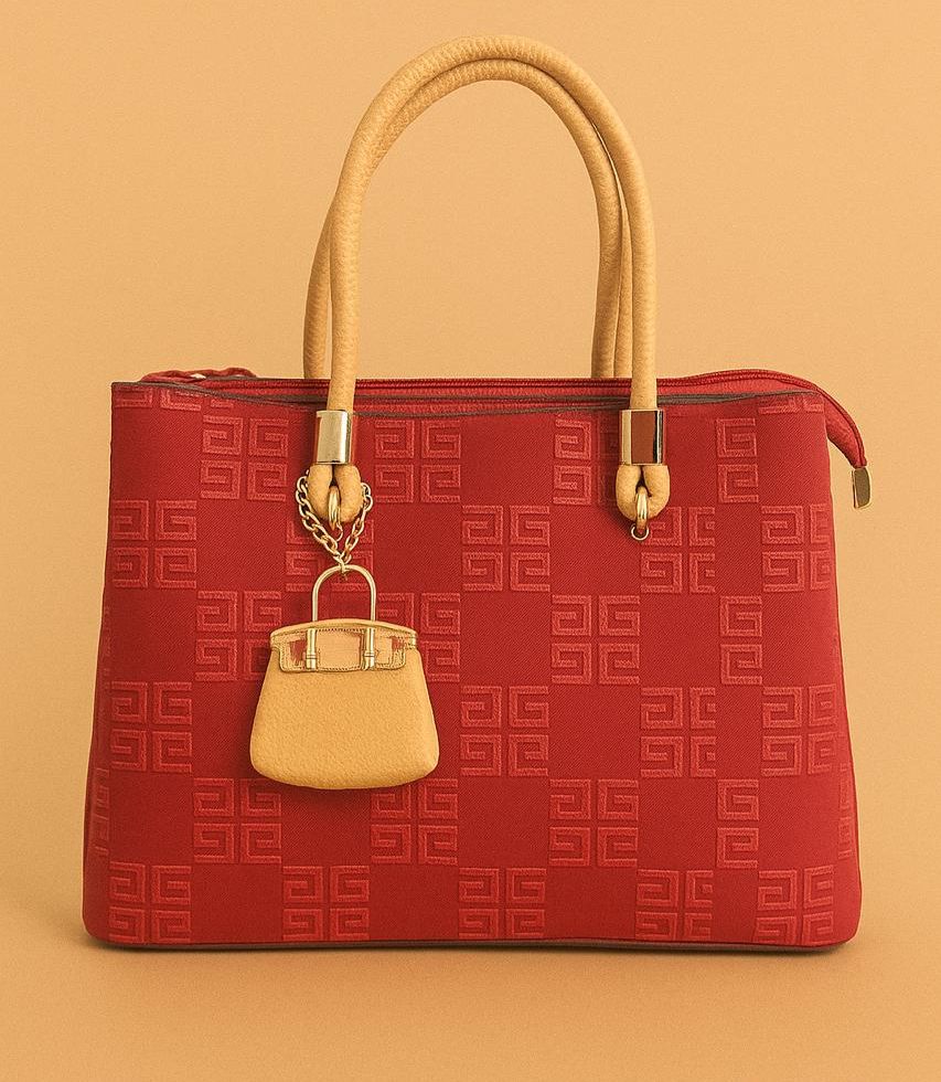 Red Geometric Embossed Handbag